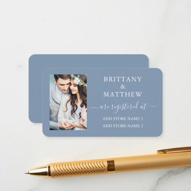 Calligraphy Foto Wedding Registry Dusty Blue Begleitkarte (Vorderseite/Rückseite Beispiel)