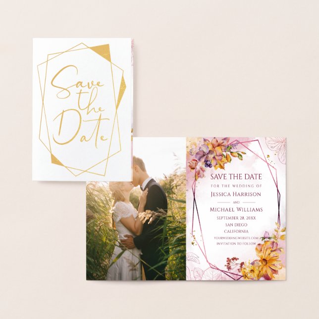 Calligraphy Geometric Marsala Foto Save the Date Folienkarte (Anzeige)