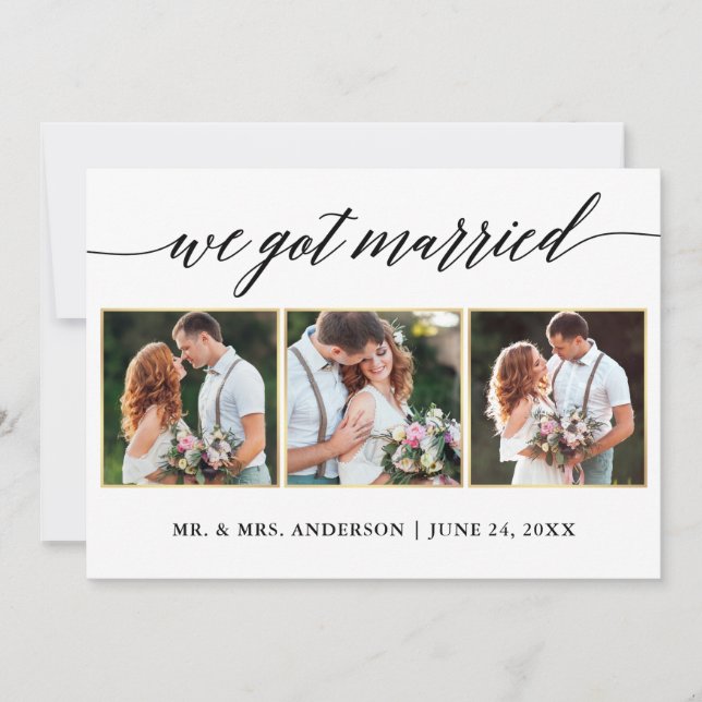 Calligraphy Gold 3 Foto Wedding Card Dankeskarte (Vorderseite)