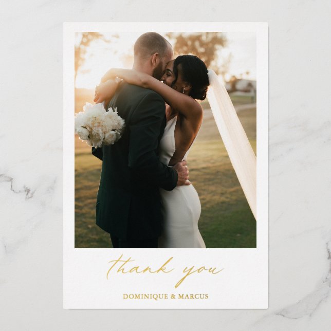 Calligraphy Gold Foil Foto Hochzeit Danke-Card Folieneinladung (Vorderseite)