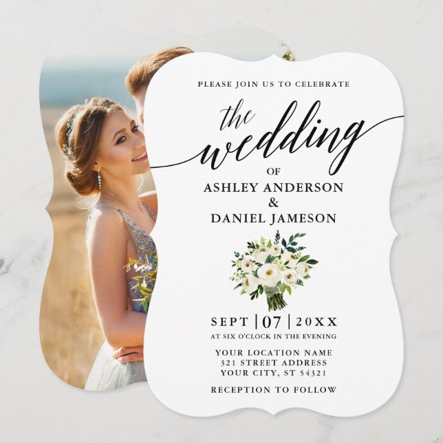Calligraphy Green Floral Bouquet Foto Wedding Einladung (Vorne/Hinten)