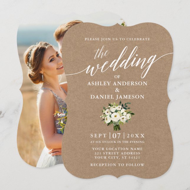 Calligraphy Green Floral Wedding Foto Kraft Einladung (Vorne/Hinten)