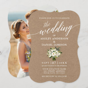 Calligraphy Green Floral Wedding Foto Kraft Einladung