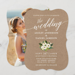 Calligraphy Green Floral Wedding Kraft Foto Einladung