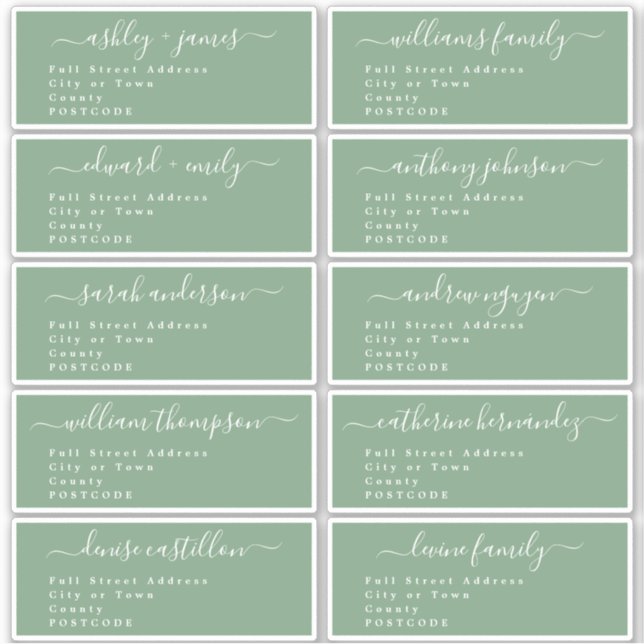 Calligraphy Green Guest Address Labels UK Layout (Vorderseite)