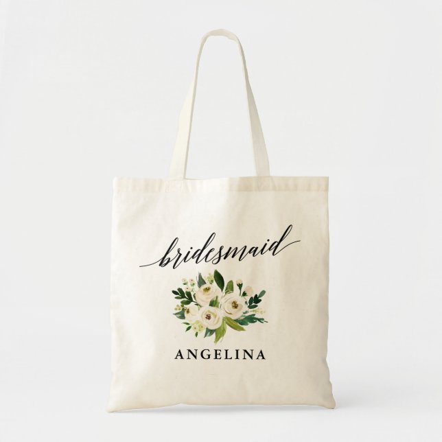 Calligraphy Green White Floral Bridesmaid Name Tragetasche (Vorne)