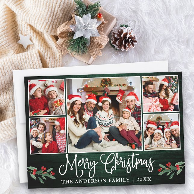 Calligraphy Green Wood Holly 5 Foto Weihnachten (Customize to add text to back of card.)