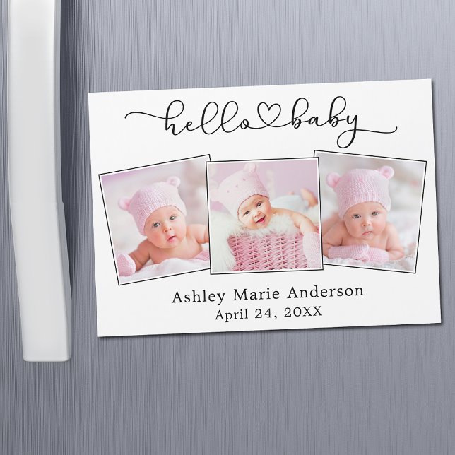 Calligraphy Heart 3 Foto Hello Baby Magnet Card (Customize to change your personalized text size or text style.)