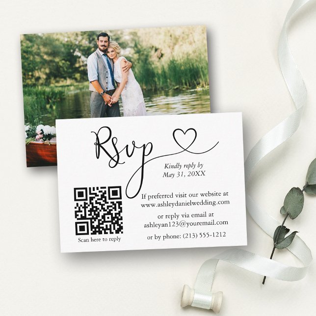 Calligraphy Heart Foto QR Wedding RSVP Begleitkarte (Customize to change your personalized text size or text style.)