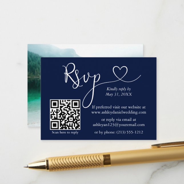 Calligraphy Heart Foto Wedding Blue QR UAWG Begleitkarte (Vorderseite/Rückseite Beispiel)