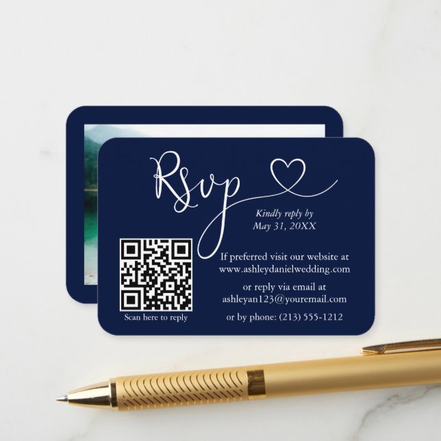 Calligraphy Heart Foto Wedding Blue UAWG QR Begleitkarte (Vorderseite/Rückseite Beispiel)