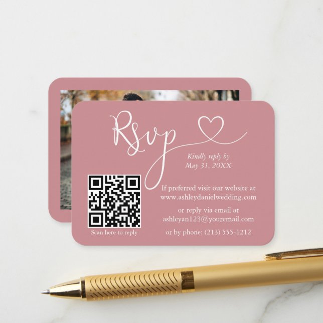 Calligraphy Heart Foto Wedding Dusty Rose UAWG QR Begleitkarte (Vorderseite/Rückseite Beispiel)