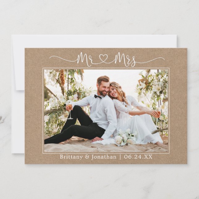 Calligraphy Heart Mr. and Mrs Kraft Wedding Foto Dankeskarte (Vorderseite)