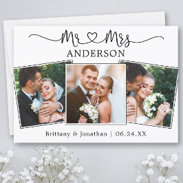Calligraphy Heart Mr. and Mrs. Wedding 3 Fotos Dankeskarte