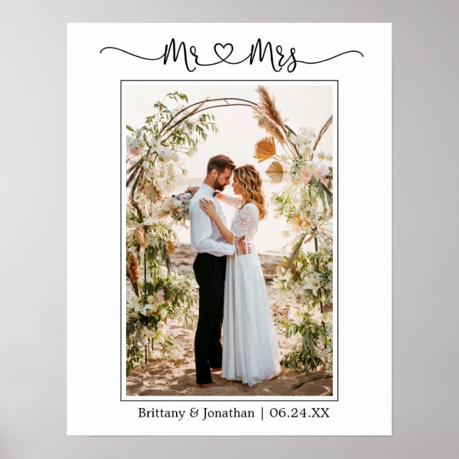 Calligraphy Heart Mr. and Mrs. Wedding Foto Poster (Vorne)