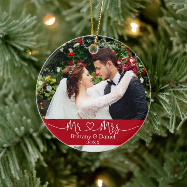 Calligraphy Heart Mr. and Mrs Wedding Foto Red Keramik Ornament (Baum)