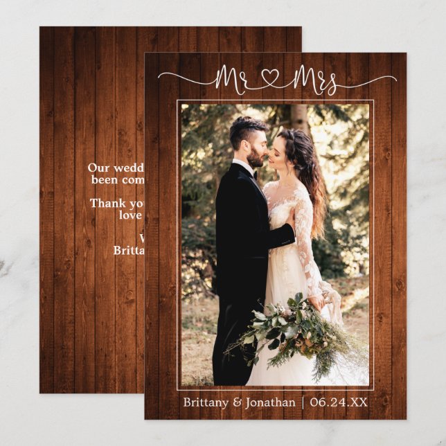 Calligraphy Heart Mr. and Mrs. Wood Wedding Foto Dankeskarte (Vorne/Hinten)