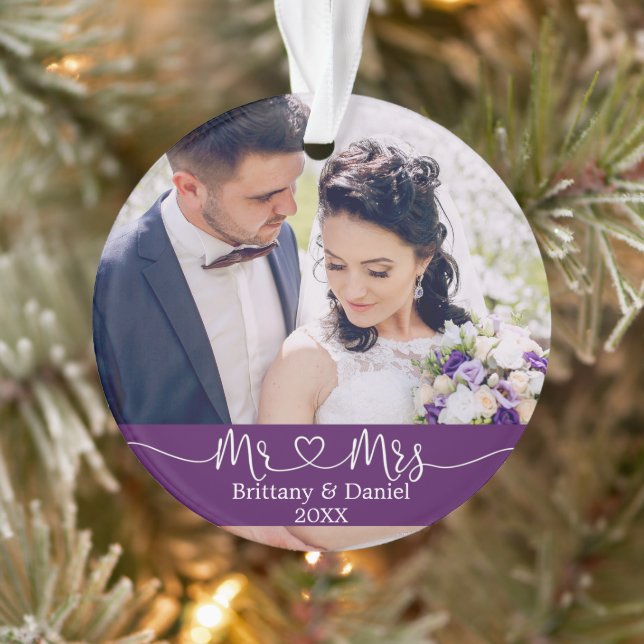 Calligraphy Heart Mr. und Mrs. Wedding Lila Ornament (Baum)