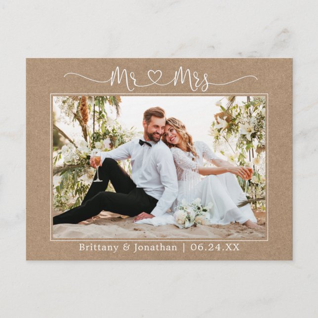 Calligraphy Heart Mr. Wedding Kraft Vielen Dank Postkarte (Vorderseite)