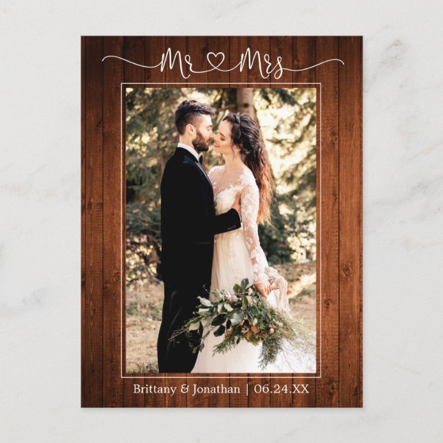 Calligraphy Heart Mr. Wood Wedding Vielen Dank Postkarte (Vorderseite)