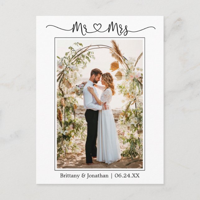 Calligraphy Heart Mrs. Wedding Foto Vielen Dank Postkarte (Vorderseite)