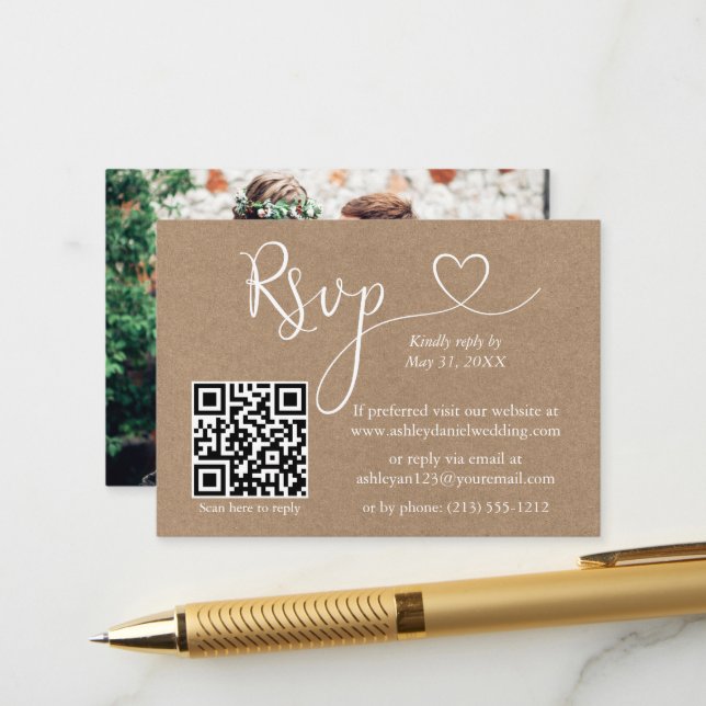 Calligraphy Heart QR Foto Kraft Wedding RSVP Begleitkarte (Vorderseite/Rückseite Beispiel)