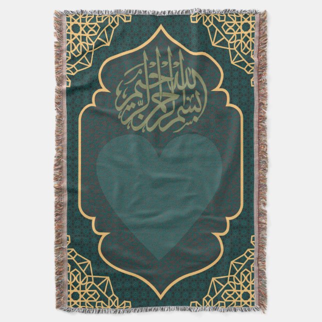 Calligraphy Heart Teal Gold Woven  Decke (Vorderseite Vertikal)