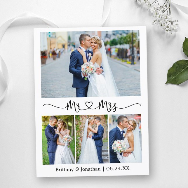 Calligraphy Heart Wedding 4 Foto Vielen Dank Postkarte (Customize to change your personalized text size or text style.)