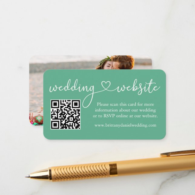 Calligraphy Heart Wedding Web QR Foto Mint Green Begleitkarte (Vorderseite/Rückseite Beispiel)