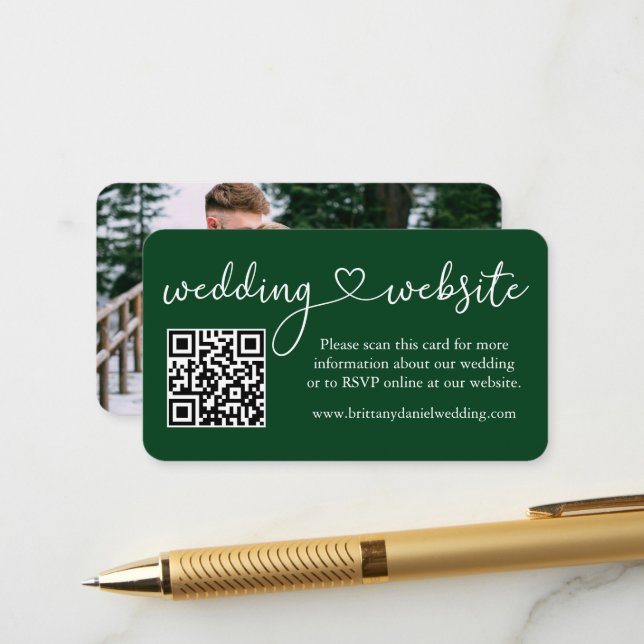 Calligraphy Heart Wedding Website QR Foto Green Begleitkarte (Vorderseite/Rückseite Beispiel)