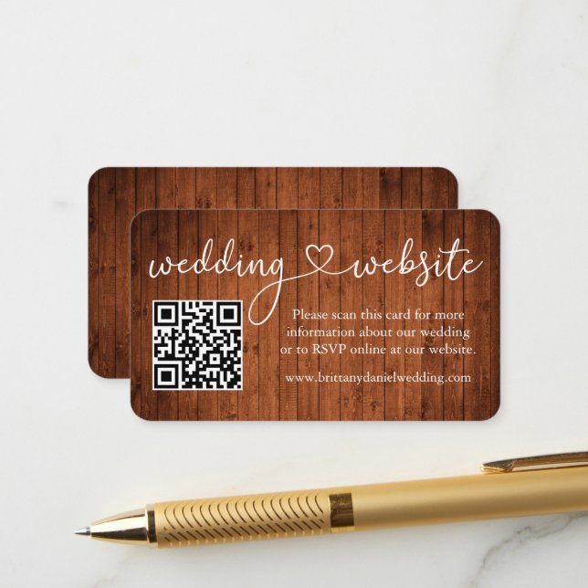 Calligraphy Heart Wood Wedding Website QR Begleitkarte (Vorderseite/Rückseite Beispiel)