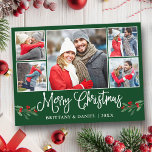 Calligraphy Holly 5 Foto Couple Christmas Green Postkarte<br><div class="desc">Modern Fun Calligrafy Script 5 Foto Couple Foto Collage Frohe Weihnachtskarte enthält Watercolor Christmas Holly Berries - Forest Green Background</div>