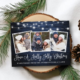 Calligraphy Holly Jolly Christmas Blue Wood Lights Postkarte