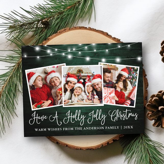 Calligraphy Holly Jolly Christmas Green Wood Postkarte (Customize to change your personalized text size or text style.)