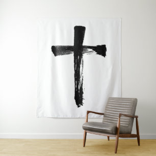 Calligraphy Ink Brush Cross - Modernes Crucifix Wandteppich