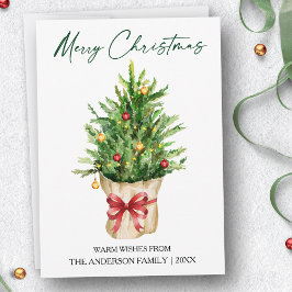 Calligraphy Ink Christmas Watercolor Pine Red Bow Feiertagskarte