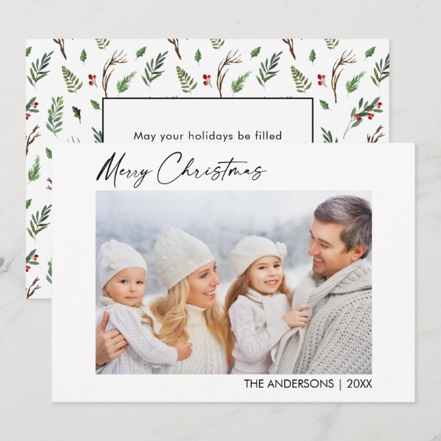 Calligraphy Ink Foto Weihnachtsgrün Berries Feiertagskarte (Vorne/Hinten)
