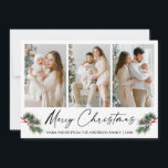 Calligraphy Ink Pen Aquarellkiefern Foto Feiertagskarte<br><div class="desc">Moderne Minimalistische Elegance Kalligraphie Tinte Handgeschriebenes Skript Frohe Weihnachten 3 Foto Weihnachtskarte beinhaltet schöne Aquarellfarben Pines mit Red Holly Berries und Band. Grünes Skript.</div>