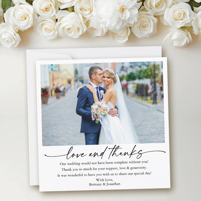 Calligraphy Ink Pen Liebe Wedding Foto Square Dankeskarte (Customize to add more text or photos to back of card.)