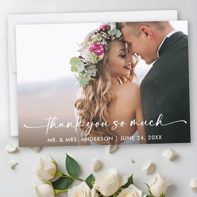 Calligraphy Ink Pen Script Wedding Foto Dankeskarte (Customize to add text to back of card.)