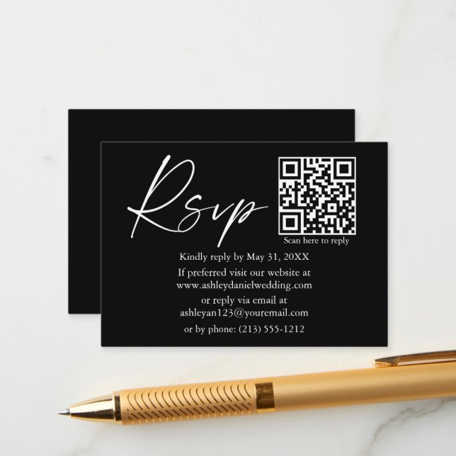 Calligraphy Ink Script QR Wedding Black UAWG Begleitkarte (Vorderseite/Rückseite Beispiel)