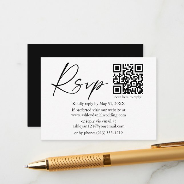 Calligraphy Ink Script Wedding QR Black UAWG Begleitkarte (Vorderseite/Rückseite Beispiel)