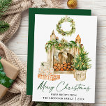 Calligraphy InkScript Watercolor Pines Hearth Feiertagskarte<br><div class="desc">Moderne Elegante Kalligraphie Tinte Watercolor Pine Tree and Holiday Hearth Merry Christmas Holiday Card - Grüne Schrift</div>