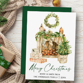 Calligraphy InkScript Watercolor Pines Hearth Feiertagskarte