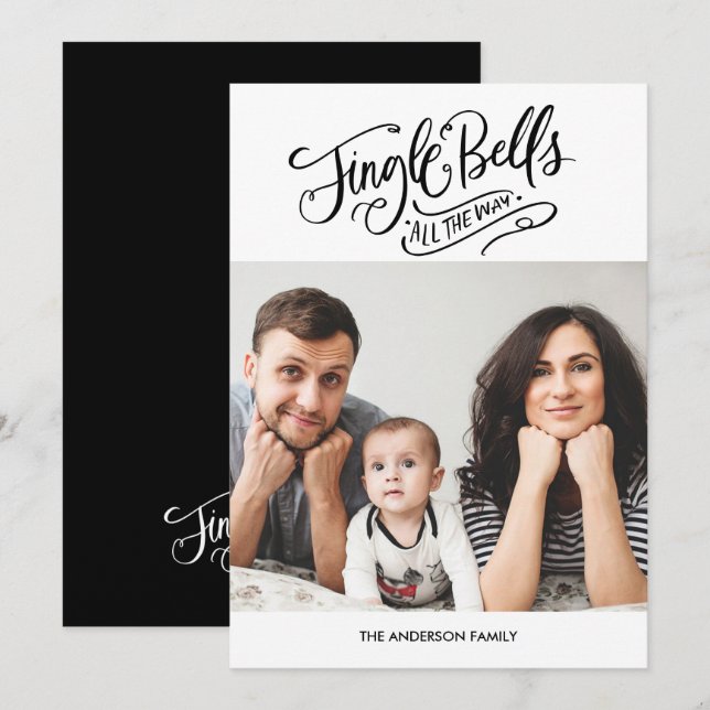 Calligraphy Jingle Bells Christmas Foto Card Einladung (Vorne/Hinten)