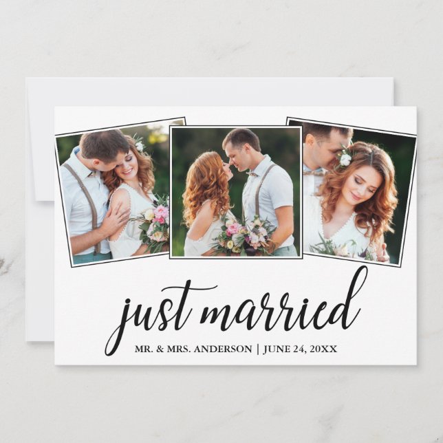Calligraphy Just Married 3 Foto Wedding Card Dankeskarte (Vorderseite)