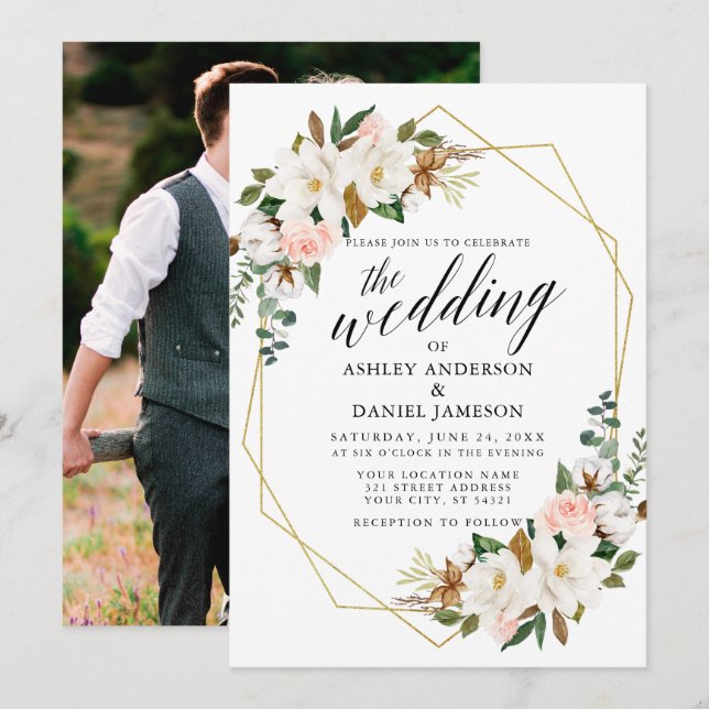 Calligraphy Magnolias Rose Foto Wedding Gold Einladung (Vorne/Hinten)
