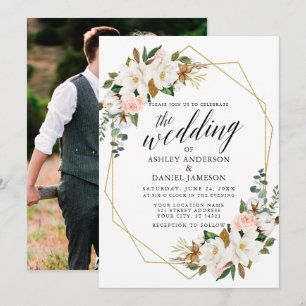 Calligraphy Magnolias Rose Foto Wedding Gold Einladung