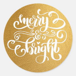 Calligraphy Merry & Bright Lux Gold Foil Runder Aufkleber