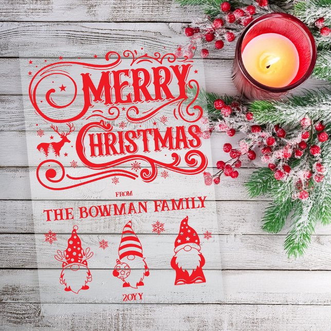Calligraphy Merry Christmas Gnomes Familie Gruß Acryleinladungen (Vintage Calligraphy Look "Merry Christmas" and Cute Gnome Trio Christmas Holiday Clear Acrylic Card)